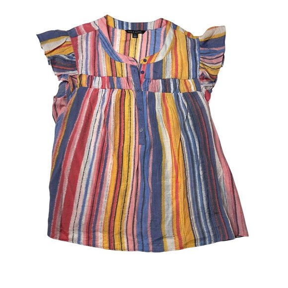 Zac & Rachel Top L Multicolor Striped‎ Ruffle Sleeve Blouse Large - Picture 1 of 11